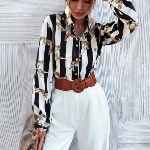 Striped & Tiger Print Button Up Blouse - Picture 5 of 7